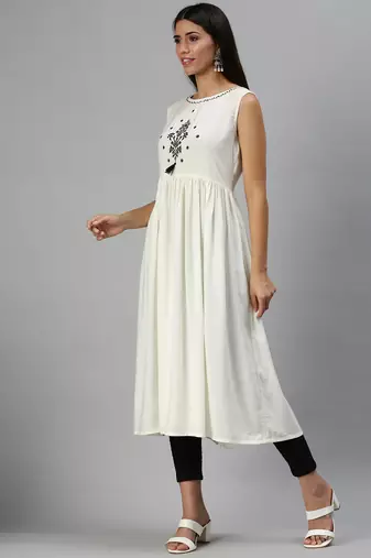 Showoff women's calf length round neck cream geometric anarkali kurta