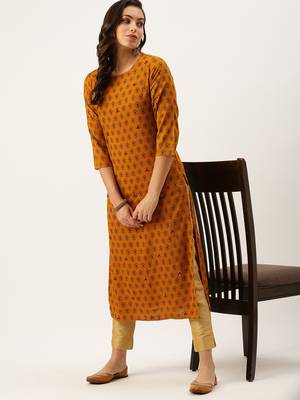 women's calf length round neck mustard ethnic motifs straight kurta 5