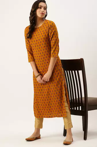women's calf length round neck mustard ethnic motifs straight kurta