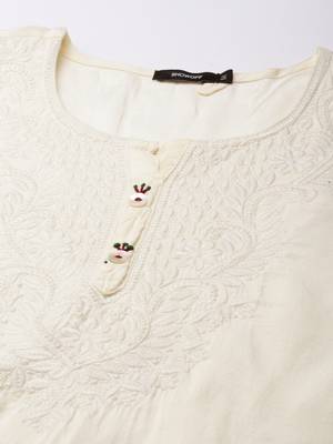 women's calf length round neck cream solid straight kurta 3