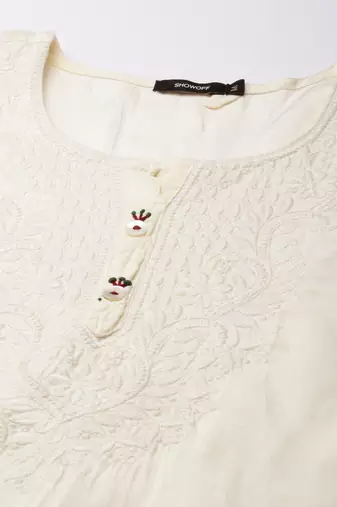 women's calf length round neck cream solid straight kurta