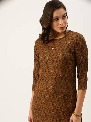 women's calf length round neck brown embellished straight kurta 1