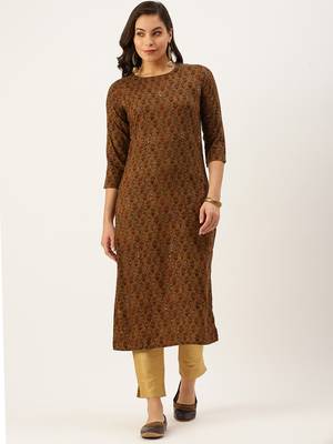 women's calf length round neck brown embellished straight kurta 2