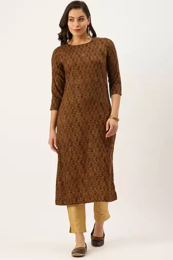 women's calf length round neck brown embellished straight kurta