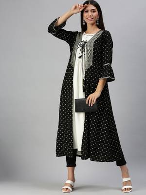 Showoff women's calf length round neck cream geometric anarkali kurta 5