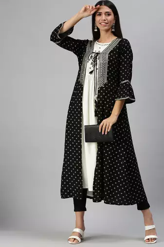 Showoff women's calf length round neck cream geometric anarkali kurta