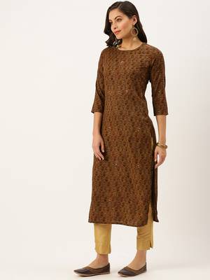 women's calf length round neck brown embellished straight kurta 3