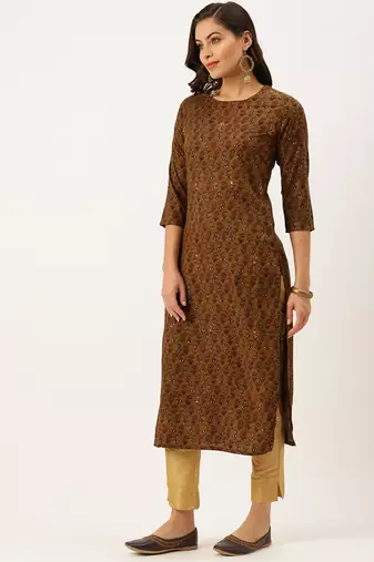 women's calf length round neck brown embellished straight kurta