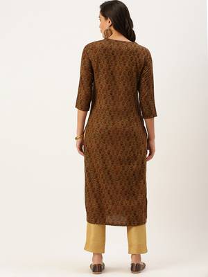 women's calf length round neck brown embellished straight kurta 4