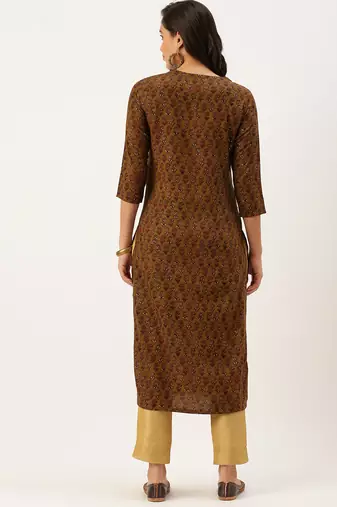 women's calf length round neck brown embellished straight kurta