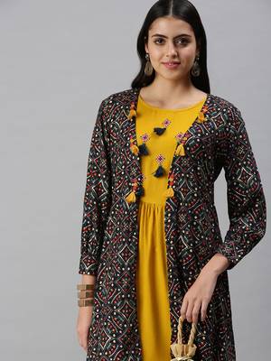 women's calf length round neck yellow ethnic motifs anarkali kurta 1