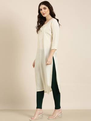 women's calf length round neck cream solid straight kurta 4