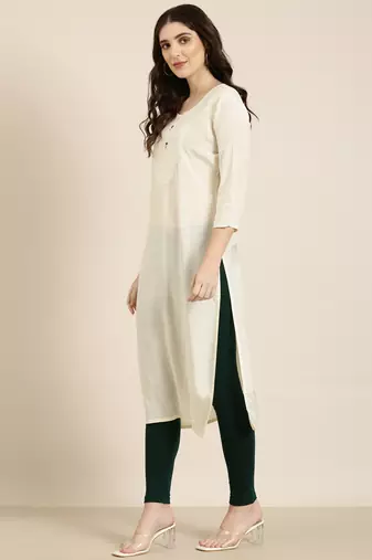 women's calf length round neck cream solid straight kurta