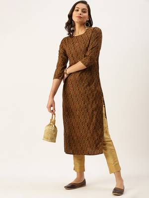 women's calf length round neck brown embellished straight kurta 5