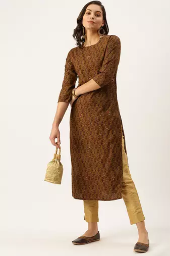 women's calf length round neck brown embellished straight kurta