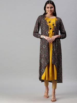 women's calf length round neck yellow ethnic motifs anarkali kurta 2