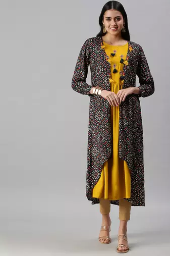 women's calf length round neck yellow ethnic motifs anarkali kurta