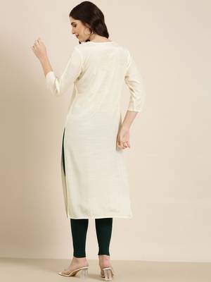 women's calf length round neck cream solid straight kurta 5