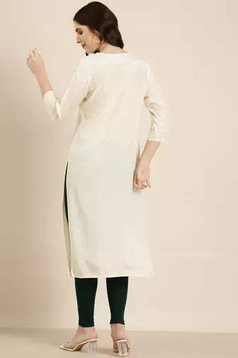 women's calf length round neck cream solid straight kurta