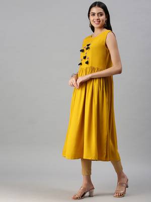 women's calf length round neck yellow ethnic motifs anarkali kurta 3