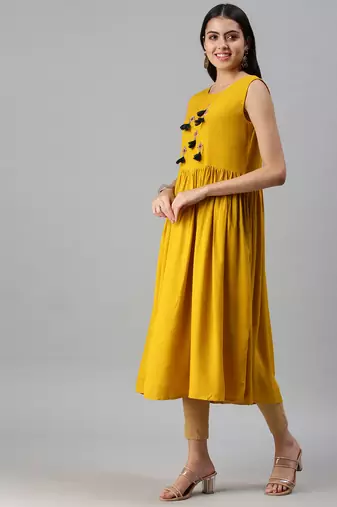 women's calf length round neck yellow ethnic motifs anarkali kurta