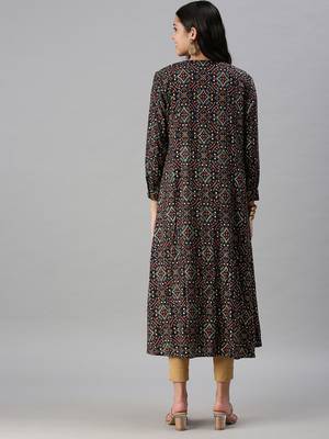 women's calf length round neck yellow ethnic motifs anarkali kurta 4