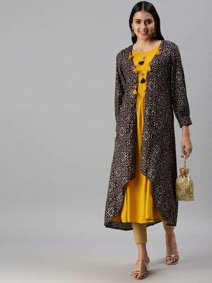 women's calf length round neck yellow ethnic motifs anarkali kurta 5