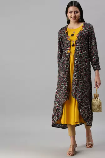 women's calf length round neck yellow ethnic motifs anarkali kurta