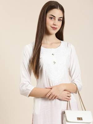 women's calf length round neck white solid straight kurta 1