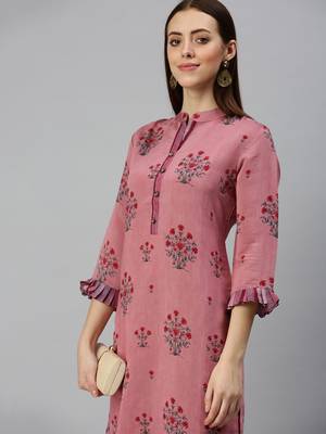 women's ankle length mandarin collar purple floral straight kurta 1