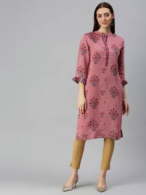 women's ankle length mandarin collar purple floral straight kurta 2