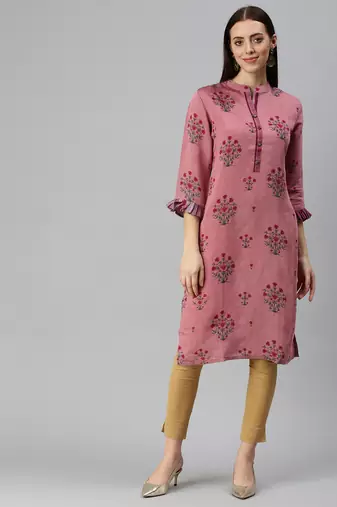 women's ankle length mandarin collar purple floral straight kurta