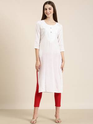 women's calf length round neck white solid straight kurta 2