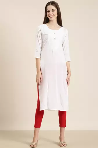 women's calf length round neck white solid straight kurta