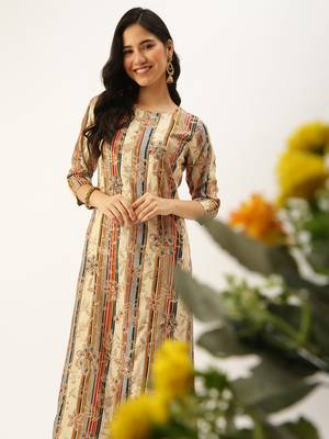 women's calf length round neck beige floral straight kurta 1