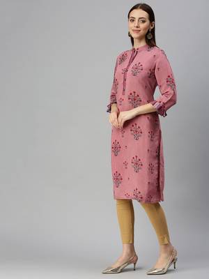 women's ankle length mandarin collar purple floral straight kurta 3