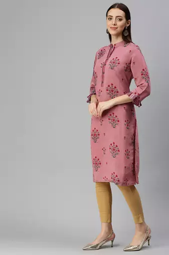 women's ankle length mandarin collar purple floral straight kurta