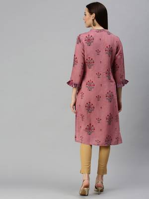 women's ankle length mandarin collar purple floral straight kurta 4