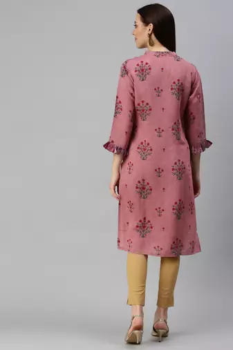 women's ankle length mandarin collar purple floral straight kurta