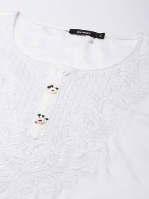 women's calf length round neck white solid straight kurta 3