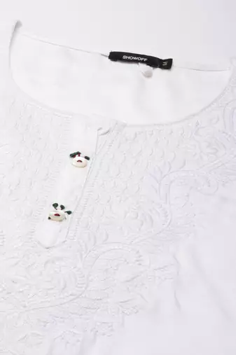 women's calf length round neck white solid straight kurta