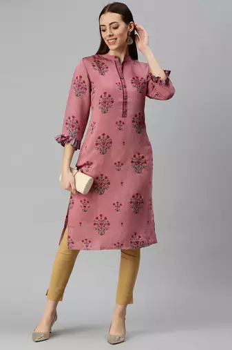 women's ankle length mandarin collar purple floral straight kurta