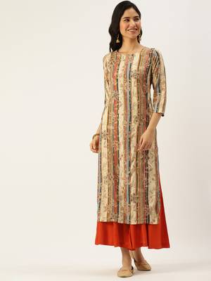women's calf length round neck beige floral straight kurta 2
