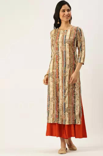 women's calf length round neck beige floral straight kurta