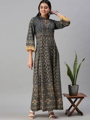women's ankle length mandarin collar green ethnic motifs anarkali kurta 1