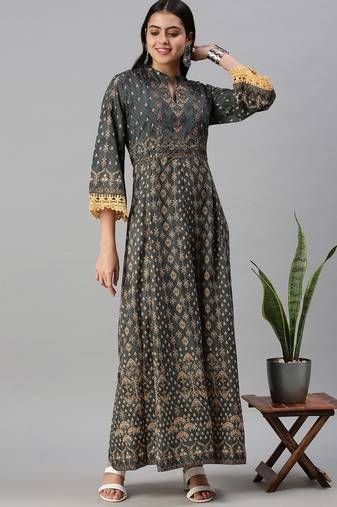 women's ankle length mandarin collar green ethnic motifs anarkali kurta