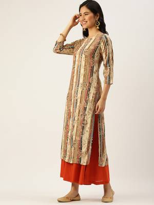 women's calf length round neck beige floral straight kurta 3