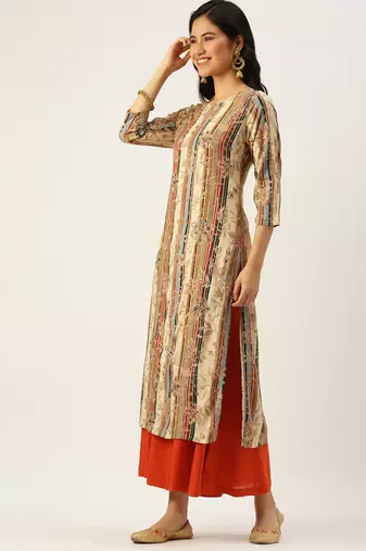 women's calf length round neck beige floral straight kurta