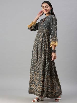 women's ankle length mandarin collar green ethnic motifs anarkali kurta 2