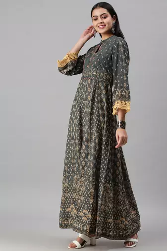 women's ankle length mandarin collar green ethnic motifs anarkali kurta